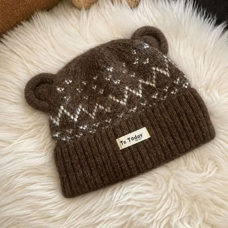 Winter outdoor velvet thermal ear protection hat female cute bear ear knitted hat fashion Lei Feng hat wool hat