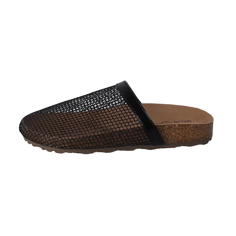 Rhinestone fishing net hollow fashionable slippers 2025 new summer fashion outer wear one pedal thick-soled bag head half slippers