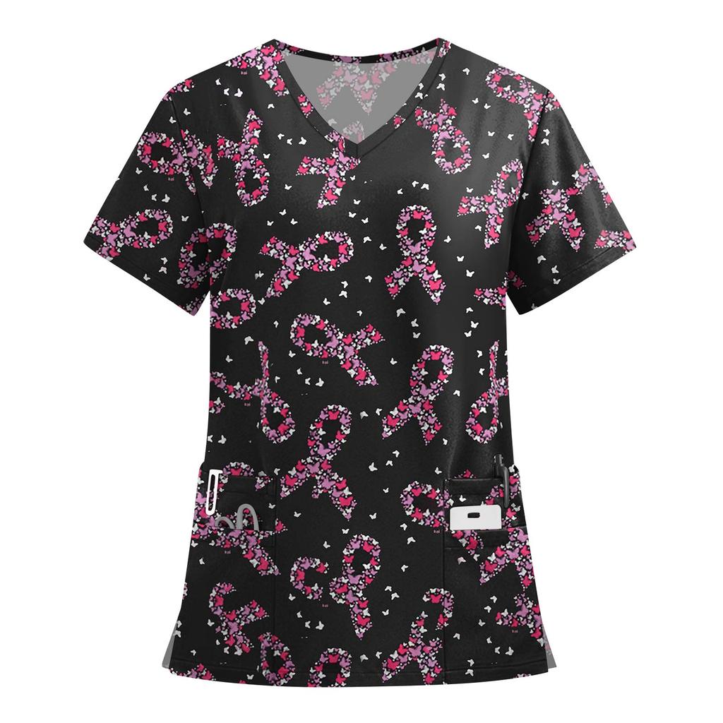 Women's Fashion Printed Short Sleeve V Neck Pattern Tops Pocket Working T-shirts