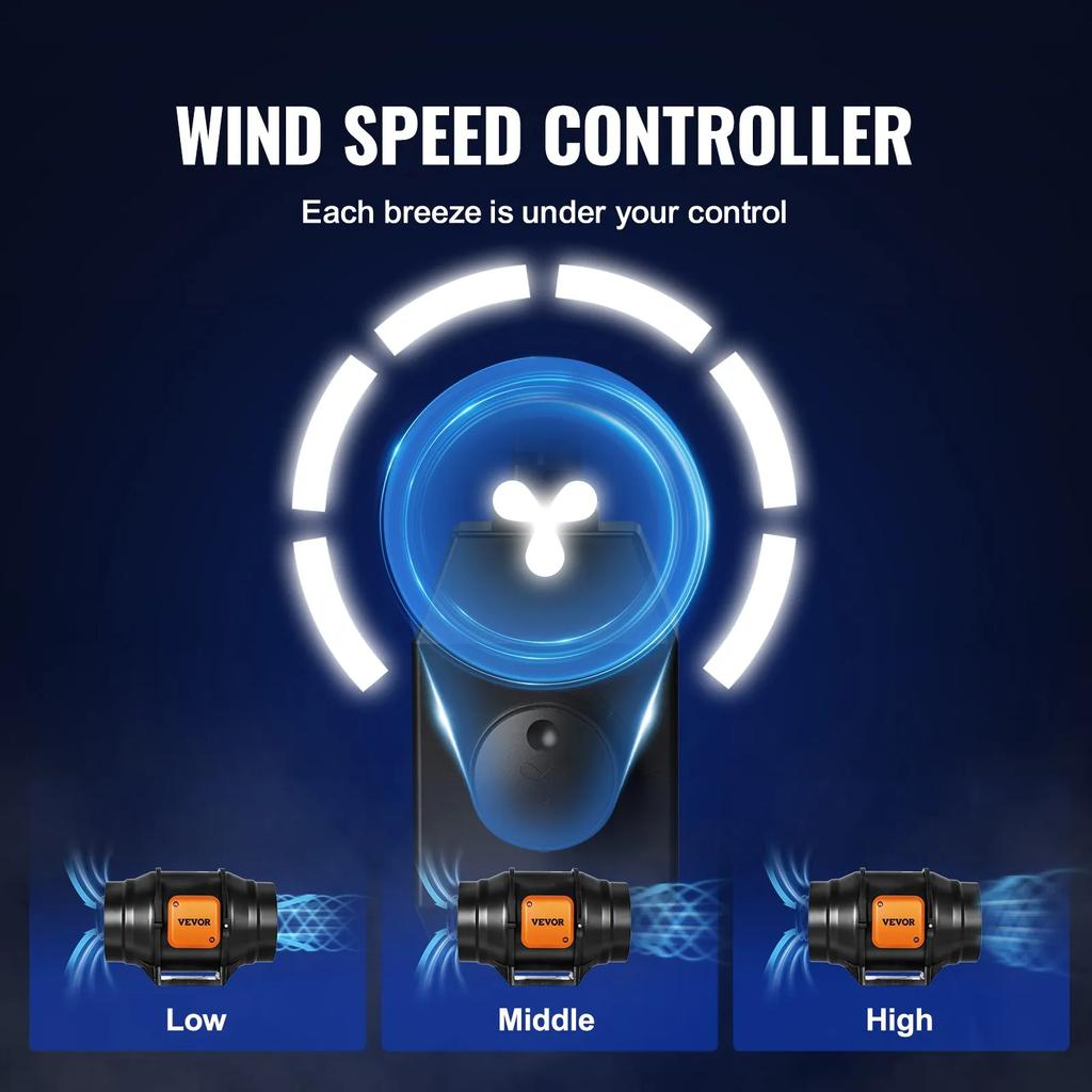VEVOR Inline Duct Fan, 152.4mm 323.7 CFM with Variable Speed Controller, Quiet AC-motor Ventilation Exhaust Fan for Cooling Booster, Grow Tents