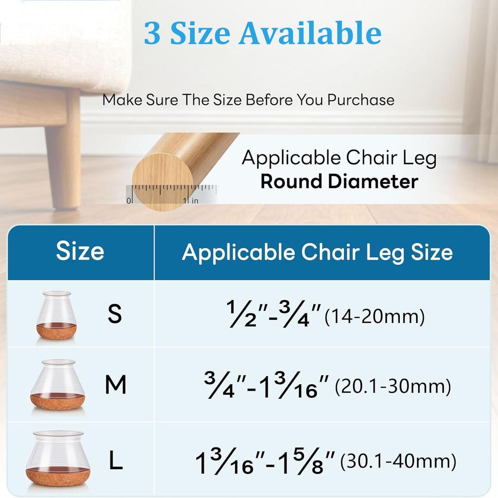 24 Pcs Chair Leg Floor Protectors for Hardwood Floors Silicone Covers Felt Pads Furniture Leg Caps Anti-Scratch Reduce Noise Fit 14-40mm