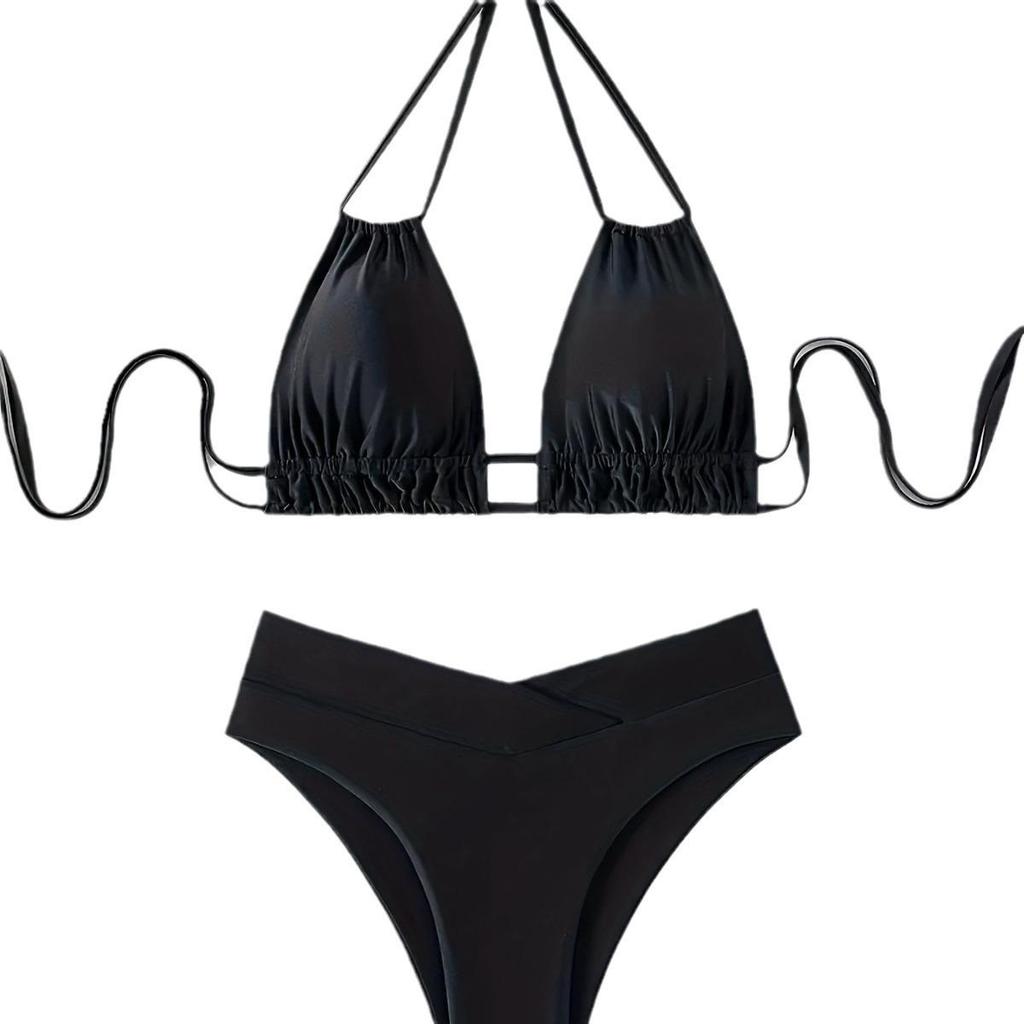 2024 Sexy Black Deep V Backless Strappy Push-up Bikini for Women