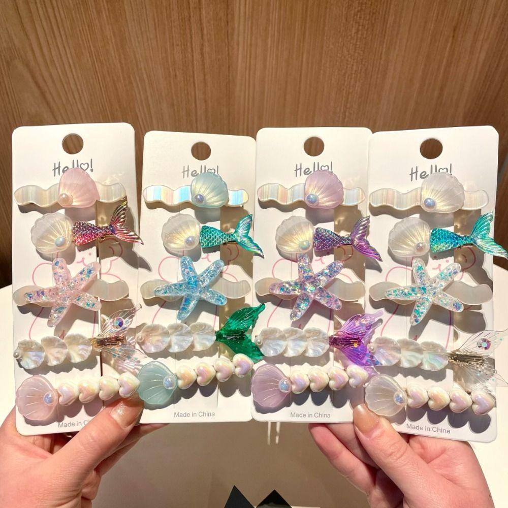 5pcs Pink Shell Starfish Hair Clips Pearl Barrette New Princess Headdress  Hair Accessories