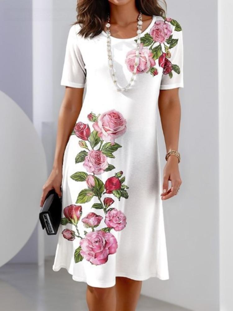 Summer Women's Round Neck Short Sleeve Printed Fashion Loose Midi Dress