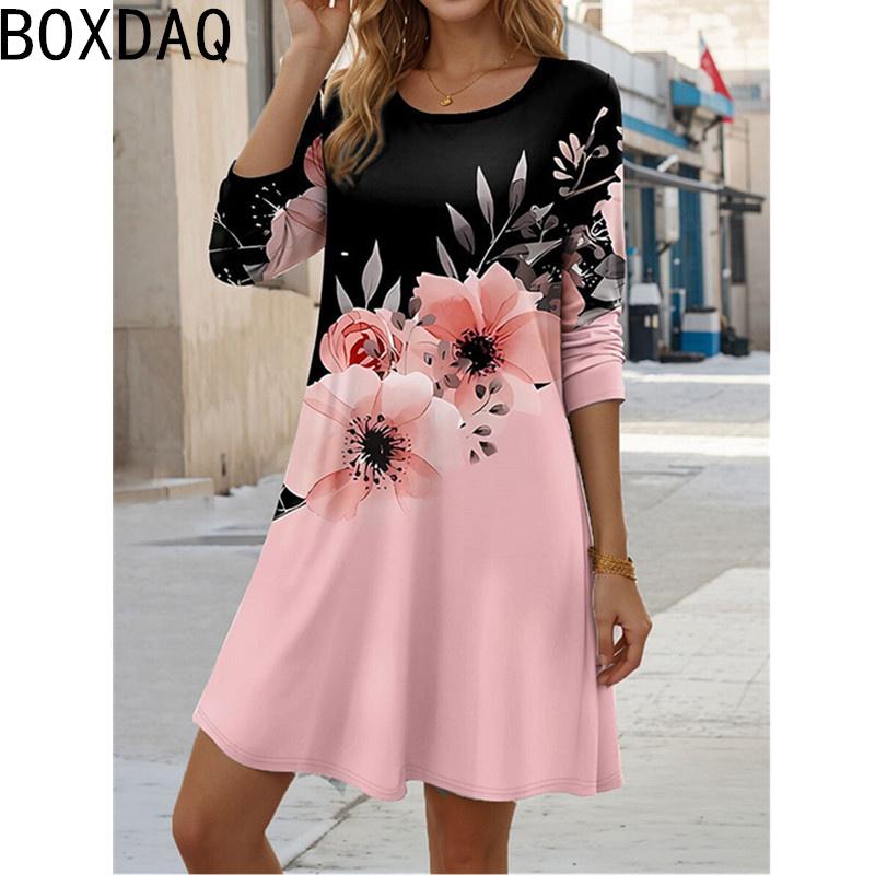 New Elegant Floral Print Long Sleeve Dress Big Size Women Casual Loose A-line Dress Vintage Boho Holiday Dress