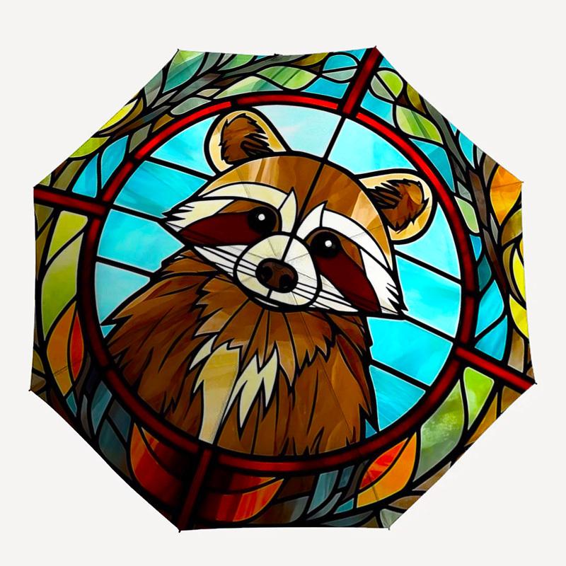 1pc Stained Glass Raccoon Design Automatic Folding Umbrella - Portable 3-Fold Design with 8-Bone Iron Frame, Perfect for Outdoor Use, Festive Gifts, F