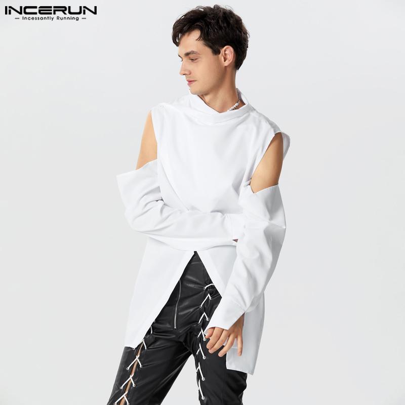 INCERUN Men Cold Shoulder Cutout Long Sleeve Cross Split Irregular Tops