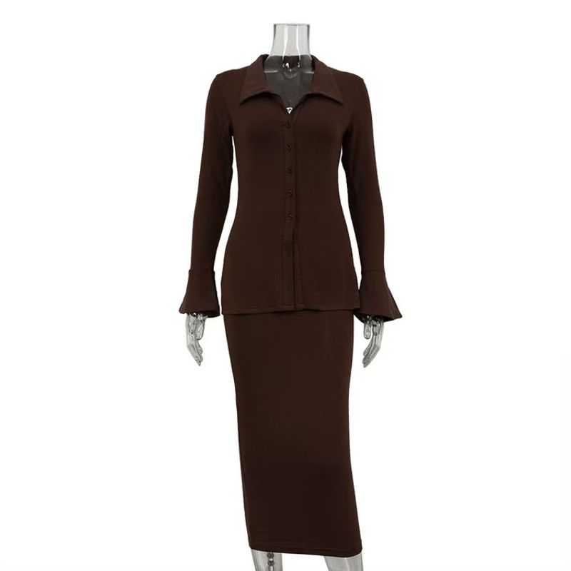 

Western Style Fashion Flare Sleeve Top Skirt sets Horn Sleeve Top and Skirt Set Brown S