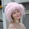 Imitation Ostrich Fur Bucket Hat Women White Tassel Cool Exaggerated Fisherman Hat Winter Fur Warm  Plush Fluffy Hat