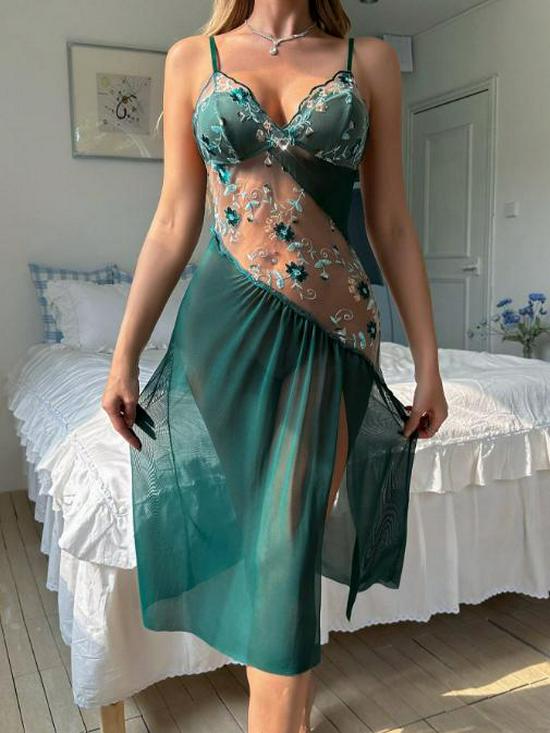 

Европейская и американская вышитая цветочная сексуальная ночная сорочка - Полый асимметричный дизайн M темно-зеленого