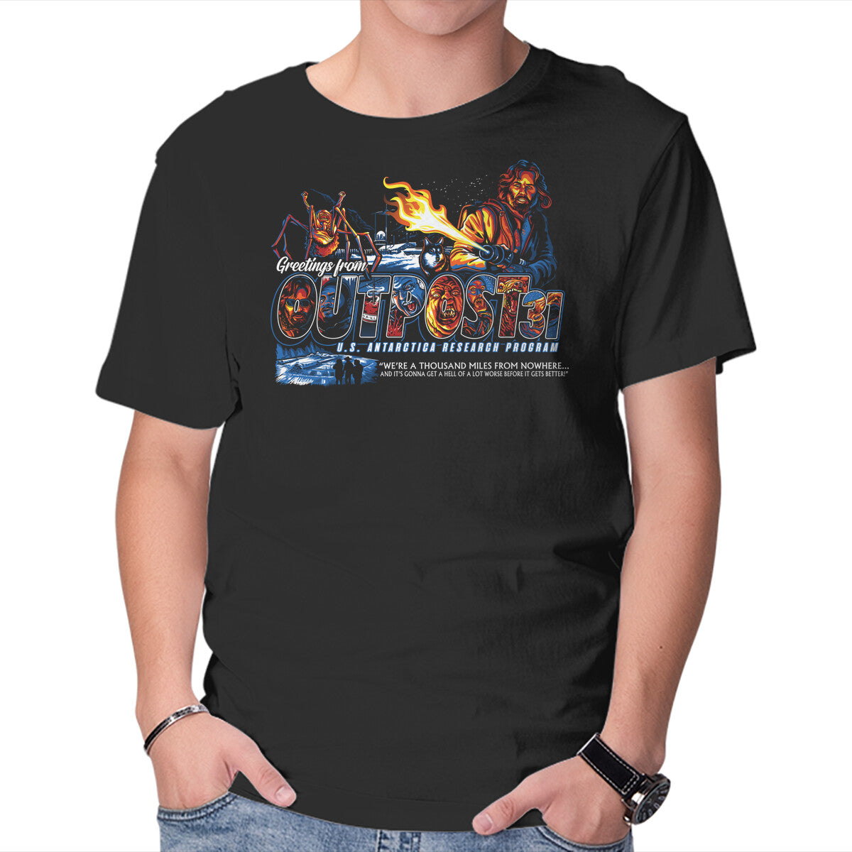 Unisex Crew Neck T-Shirt Greetings From Outpost 31 Graphic Short Sleeve Casual Tee XS