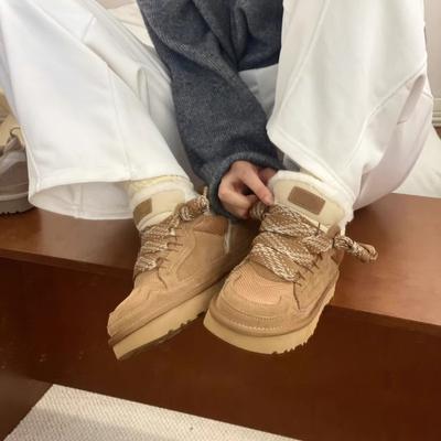 Sheepskin And Fur Integrated Snow Boots Lace Up Non Slip Warm Sports Casual Wool Snow Boots Trendy For Men And Women Winter Wear