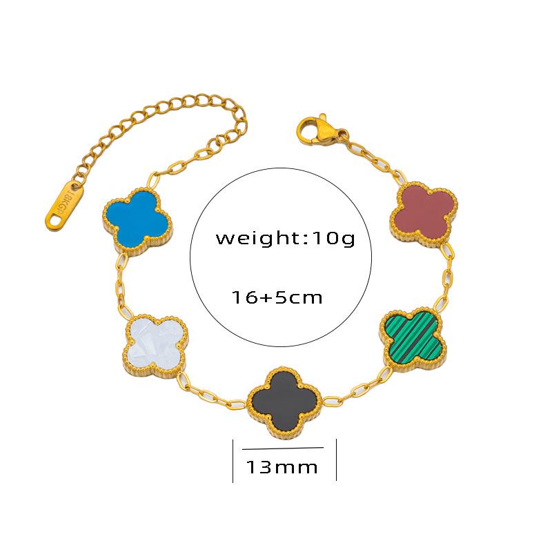 18K Gold Double-Sided Mother-of-Pearl Four-Leaf Clover Jewelry Set: Bracelet, Necklace, Ring, Earrings.