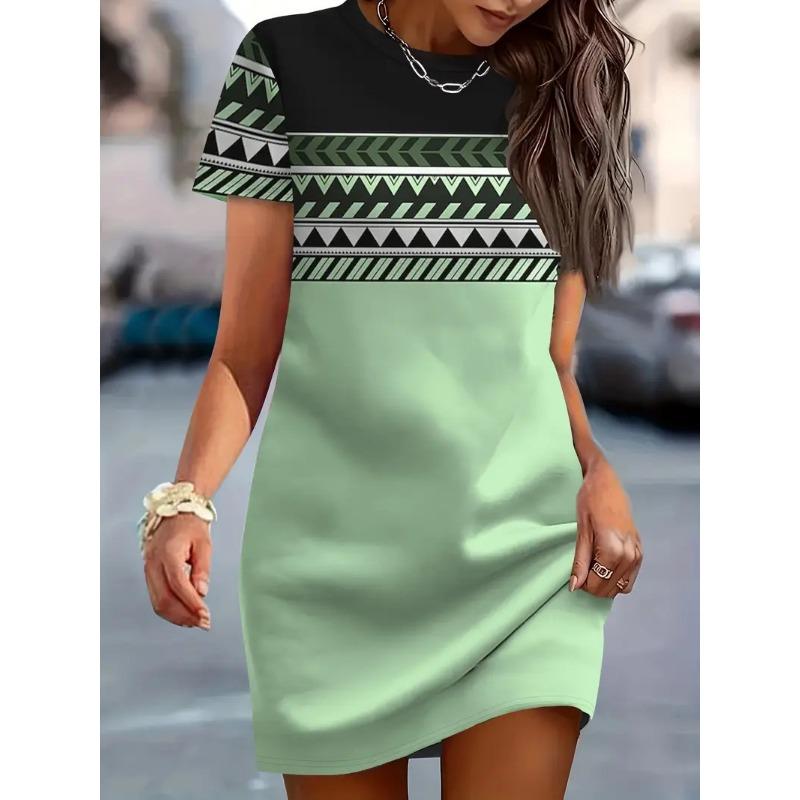 Women's Summer Casual Allover Simple Print O Neck Short Sleeve Dress Shirt Dresses For Women Y2k Ladies Clothes Woman Clothing
