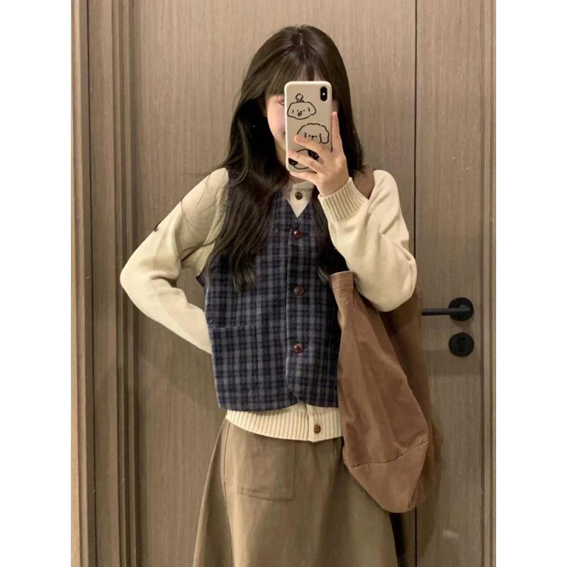 Japanisches Mori Girl Retro Karoweste, Aprikosenfarbene Strickjacke und Midirock-Set für Studentinnen