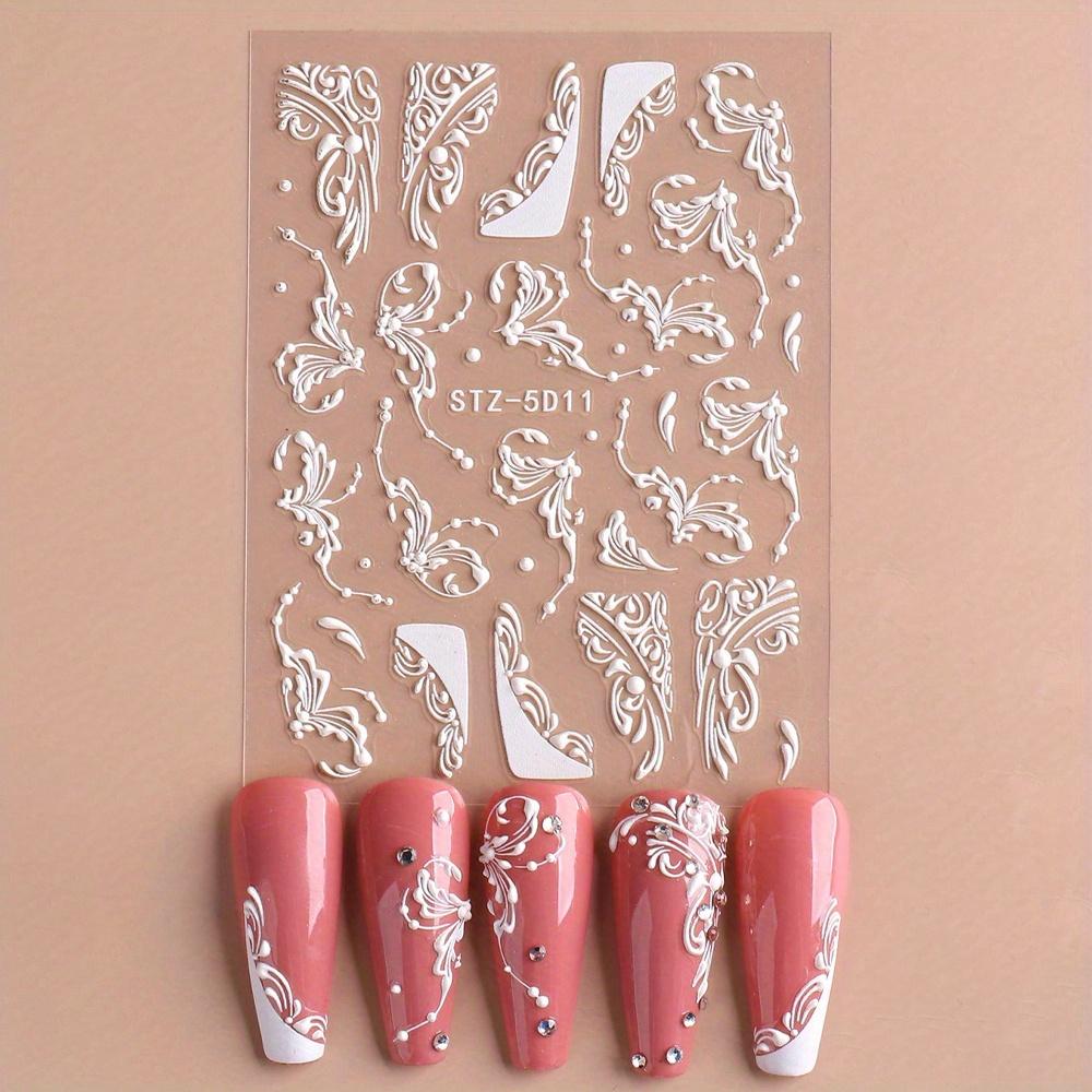 

1pc Matte Finish White Lace Flower Nail Art Stickers, Rectangle Embossed French Nail Decals with Embroidered Effect 1pc