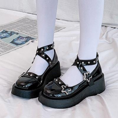 Mary Janes Schuhe Damen Lolita Schuhe Sternschnalle Überkreuzte Plateauschuhe Lackleder Mädchenschuhe Nieten Freizeitschuhe Frau