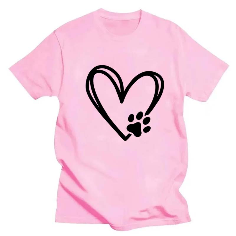 Heart Dog Footprint Print Short Sleeve T-shirt Women's Slight Stretch Round Neck Loose Casual Tee Summer T Shirt for Women
