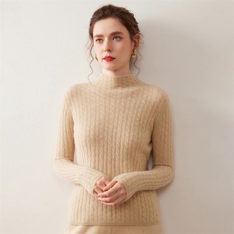 High-Neck Slim Fit Cashmere Knit Top: Elegant Solid Color Base Layer