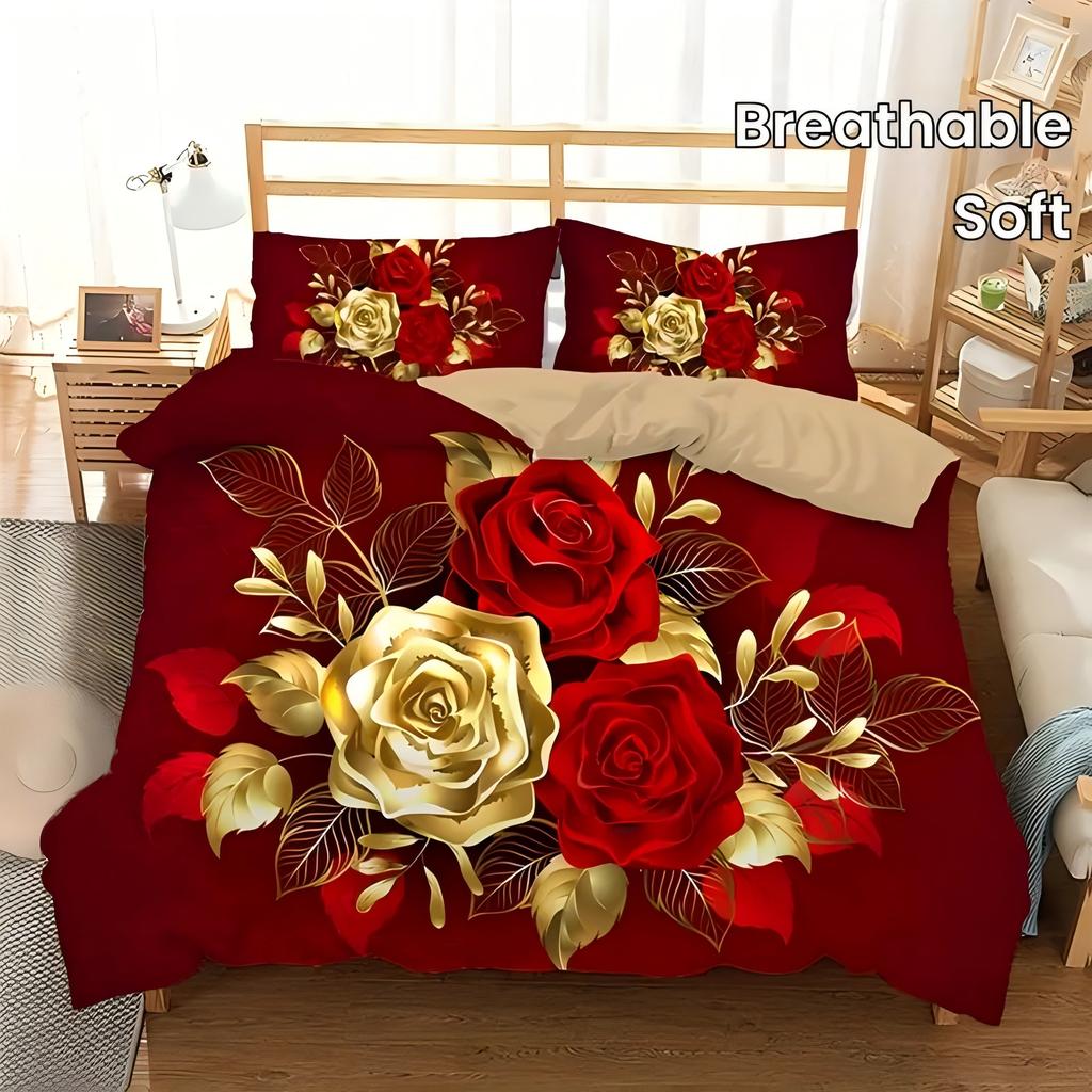 3D-gedruckter Quiltbezug Elegant Hochwertig Romantische Rose Bettwäschebezug Kissenbezug Heimtextilien Gold Floral Bettbezug-Sets