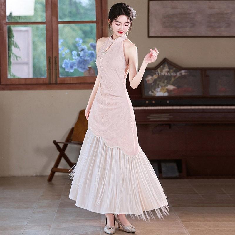 Pink Modern Chinese Style Sleeveless Cheongsam Dress With Lace Embroidery Women 2026