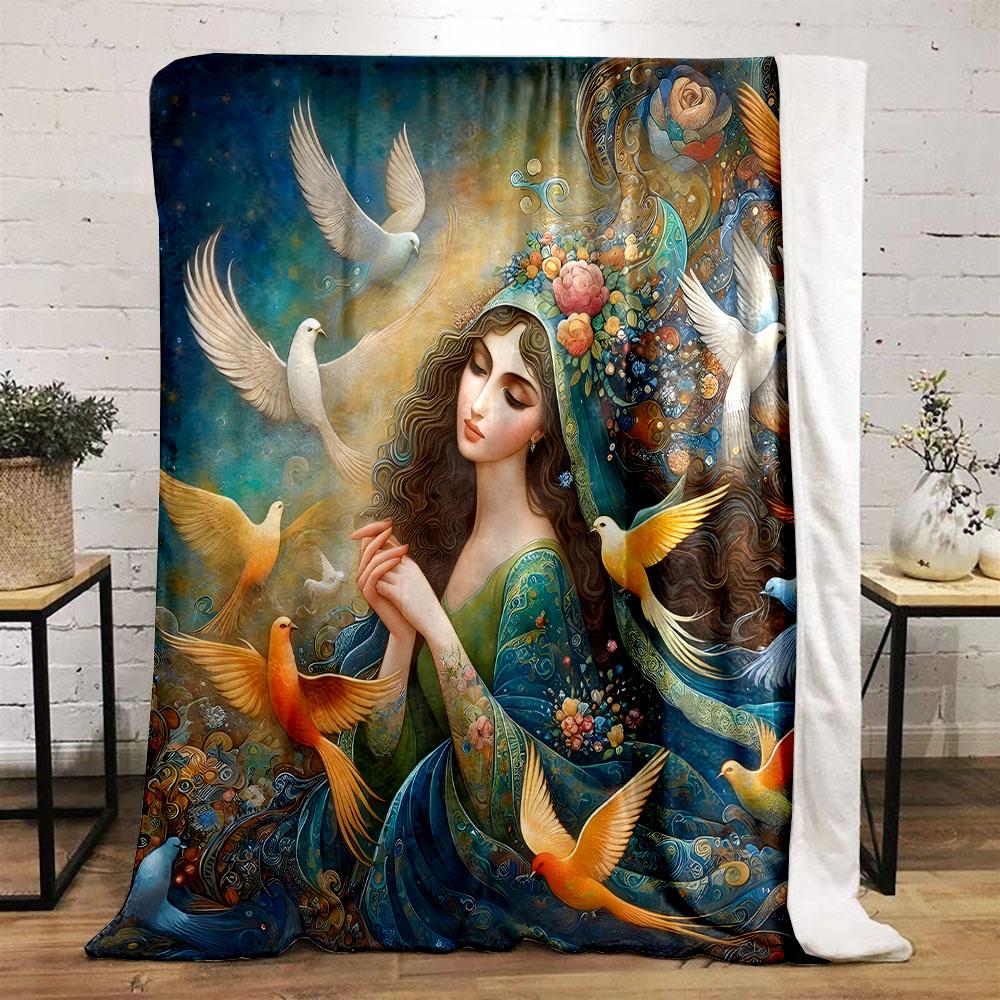 Elegant Lady with Birds and Floral Art Patterned flannel blanket perfect for the bedroom living room, sofa, or a little nap