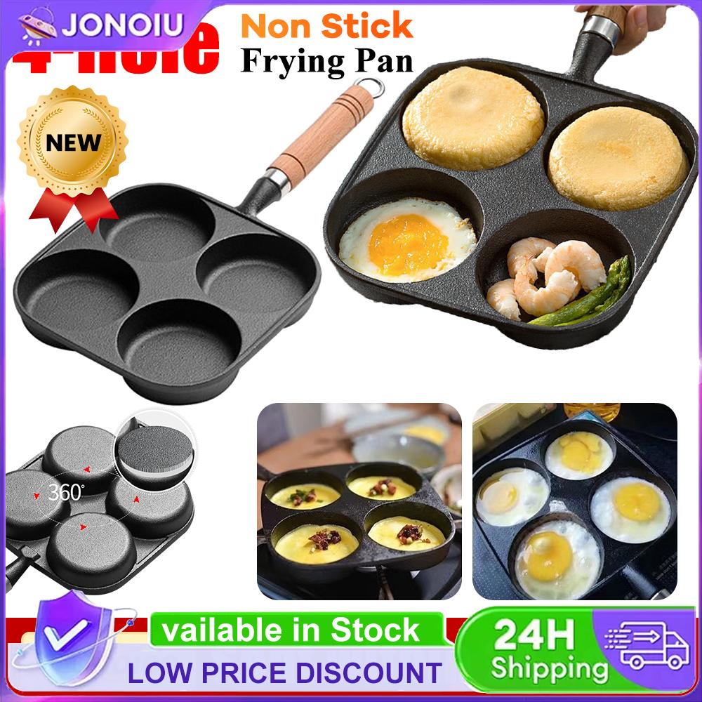 4-Loch-Bratpfanne mit Holzgriff, antihaftbeschichtet, ideal für Pfannkuchen, Omeletts, Frühstücksburger und Eierpfannkuchen.