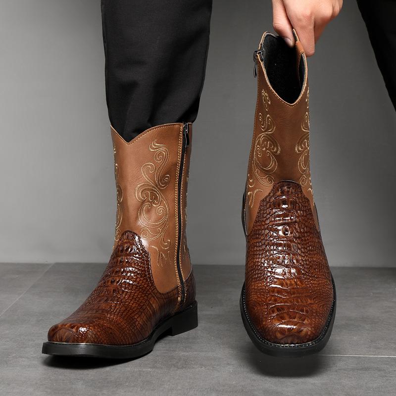 Fashion Men's Wide Width Tall Cowboy Boots Fall 2025 PU Leather High Shaft Western Embroidered Workwear Vintage Riding Boots for Outdoor