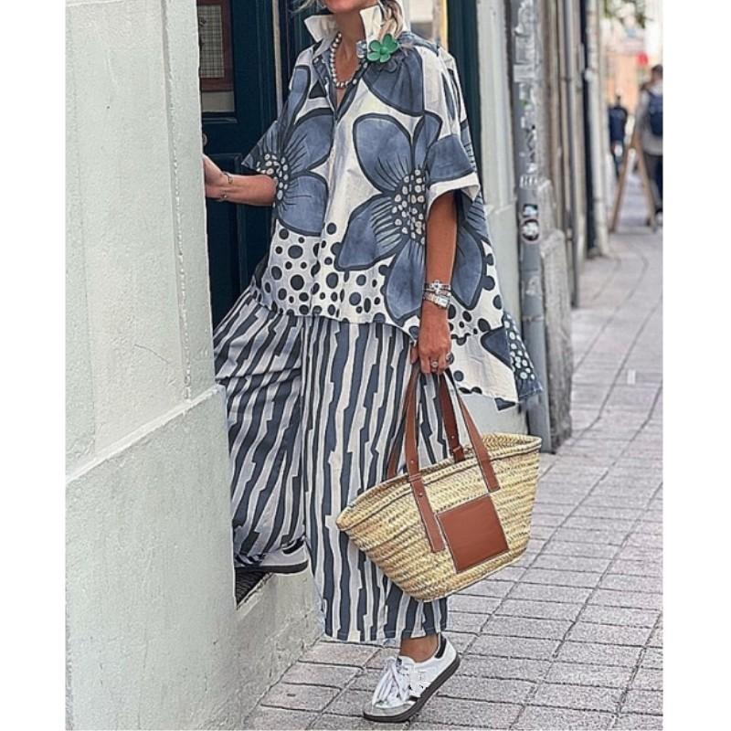 Women's Summer Floral Print Loose Two-Piece Set Short Sleeve Lapel Top + Wide Leg Pants Casual Set