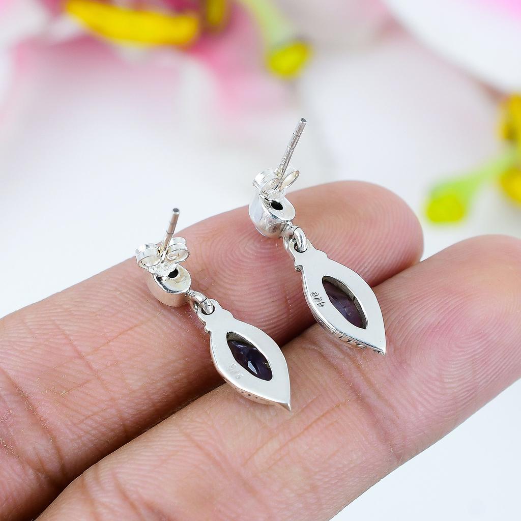 Natural Amethyst, Larimar Gemstone 925 Solid Sterling Silver Earring 1" Q3h07
