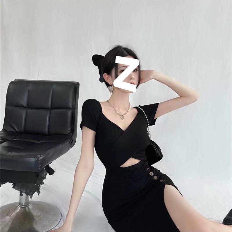 Sexy Pure Desire Style Design Sense Spice Girl Royal Sister Black Short Sleeve Waist Temperament Split Fork Slim Hip Wrap Dress Women