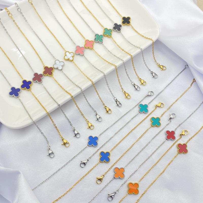 Leichter Luxus Doppelseitiges Vierblättriges Kleeblatt Einzelblume Einfaches Armband Neue Nische Titanstahl 18K Schlüsselbeinkette Damenschmuck