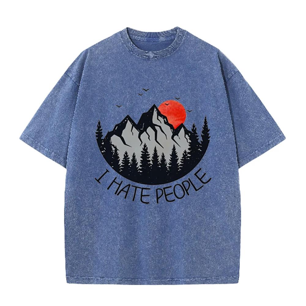 2026 Vintage Mountain Pine Forest Red Sunset Bird Graphic Brown Acid Washed T Shirt Retro Outdoor Funny Slogan Oversized Unisex