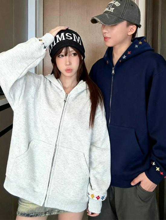 Korean Double Zipper Embroidered Hoodie for Women - Slimming, Solid Color, Casual Outerwear for College Students