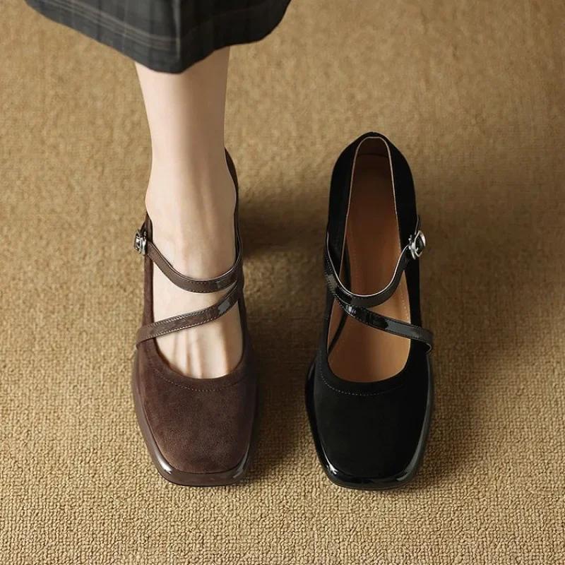 Comfortable Retro French High Heels Women's Chunky Mary Jane Shoes Spring New All-Match Square Head Single Shoes Rubber Sole