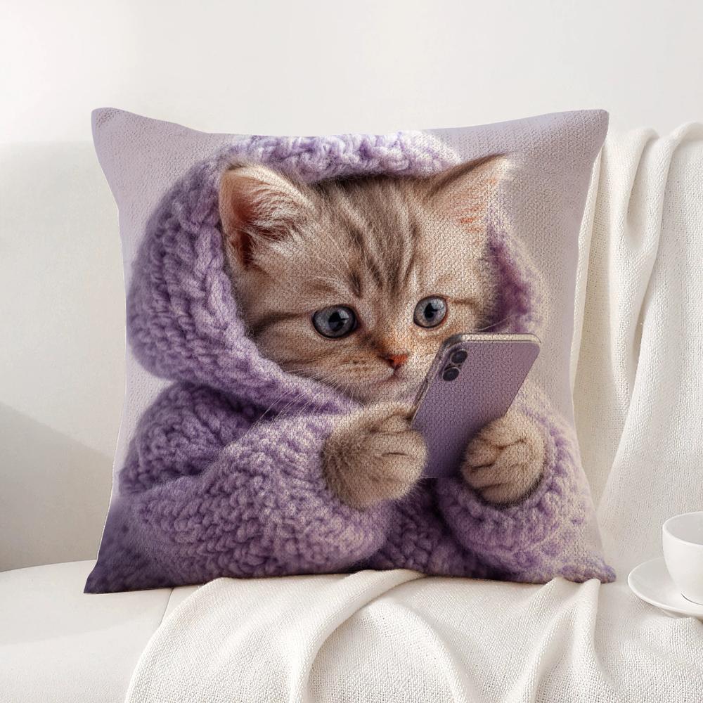 Cute Kitten in Hoodie Cushion Cover Natural Linen Organic Fabric DoubleSided Printing Sofa Home Decor Breathable Bed Pillow