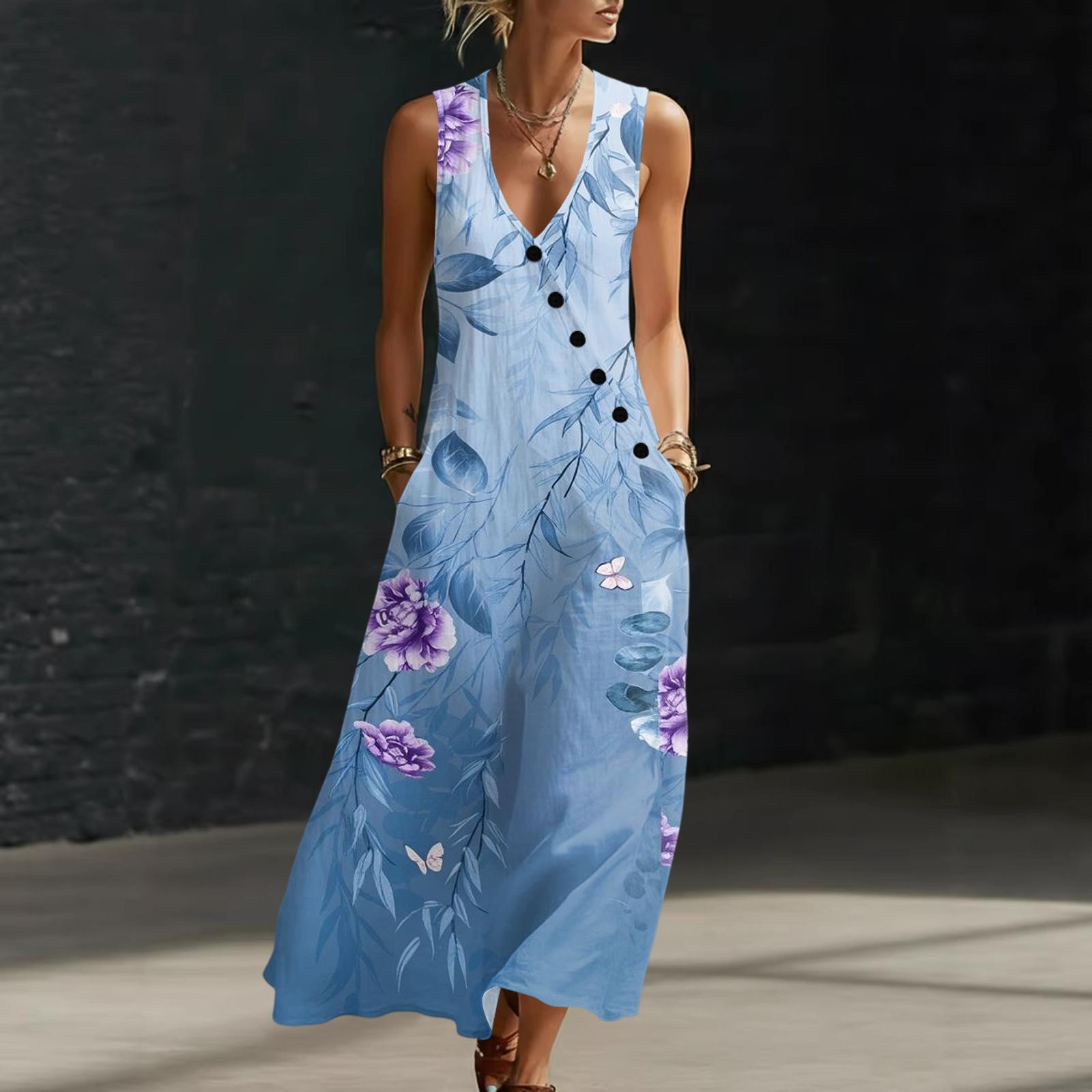 

Summer Dresses For Women Flowy Casual Midi Dress Beach Vacation Sundresses With Pockets S синий