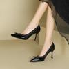 1-1 Patent leather bow single shoes women's pointed head stiletto high heels women's shallow mouth professional commuter high heels single shoes