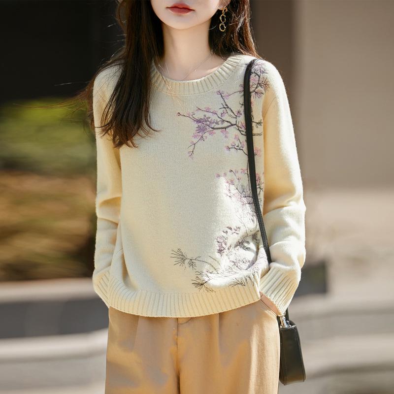 Women's Wool Embroidered Jacquard Sweater - Thick & Warm, Round Neck for Autumn/Winter