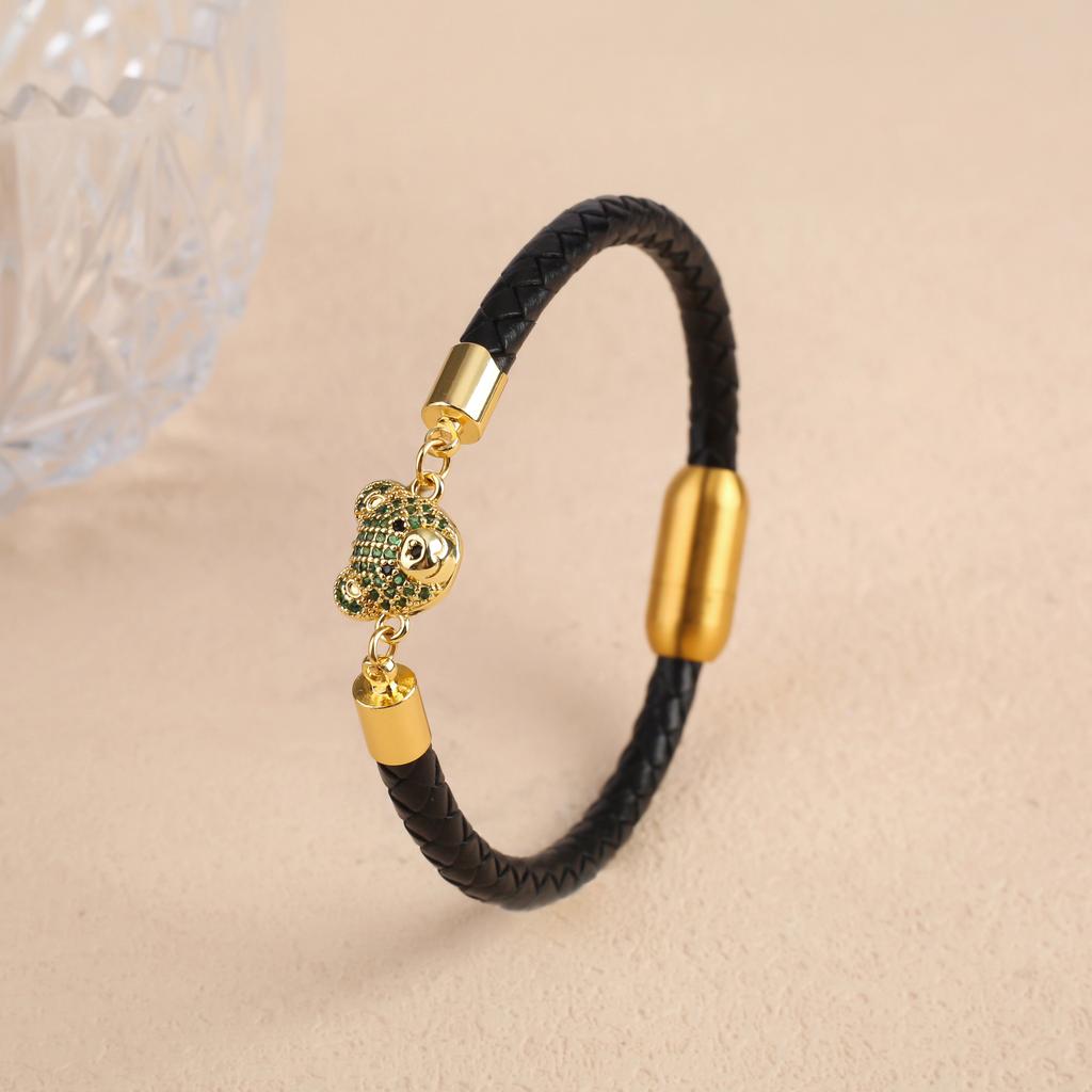 6 Colors Cute Zirconia Animal Bear Leather Braided Bracelet Classic for Man Woman Party Daily Wear Stainless Steel Jewelry Gift