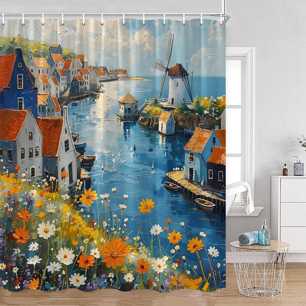 

Castle Shower Curtains Fantasy Mushroom House Fairy Foral Garden Tree House Bathroom Decorations Polyester Fabric Bath Curtain 90x180cm-35x70in