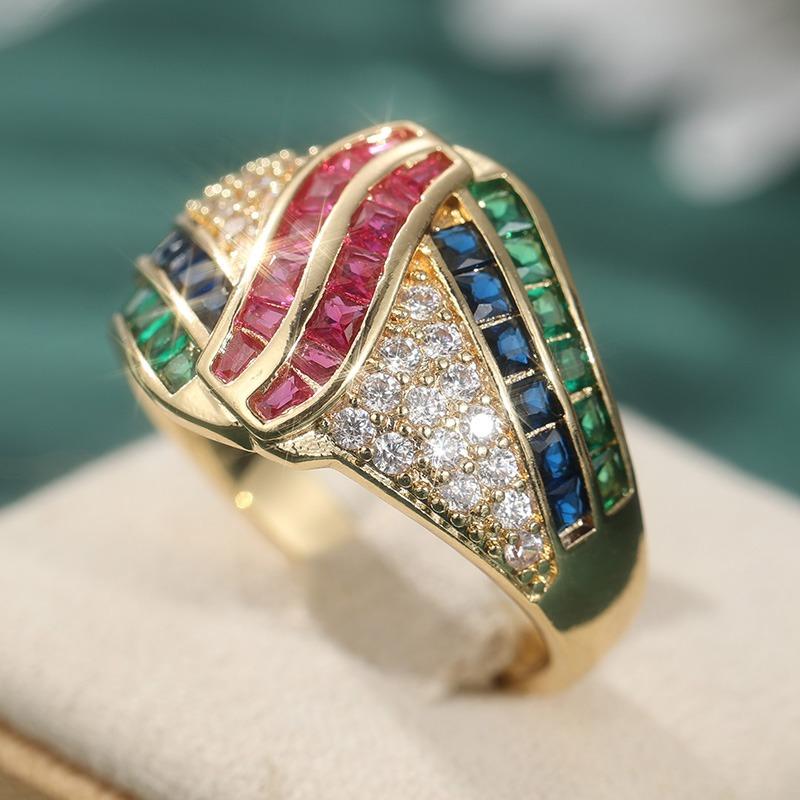 Dazzling Inlaid Multicolored White CZ Women's Ring Trendy Gold Color Geometry Daily Wear Party Jewelry Anniversary Gift