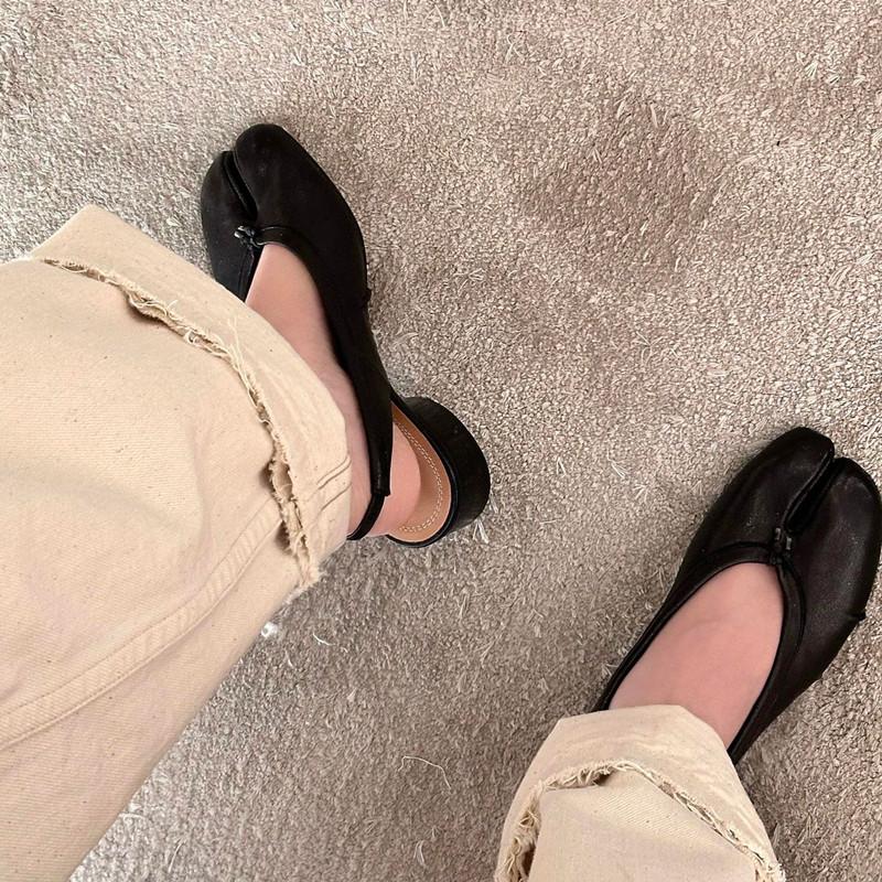 2025 Spring Summer Soft Leather Split Toe Women Pumps Casual Comfortable 3.5cm Low Heeled Slingbacks Tabi Ballet Shoes