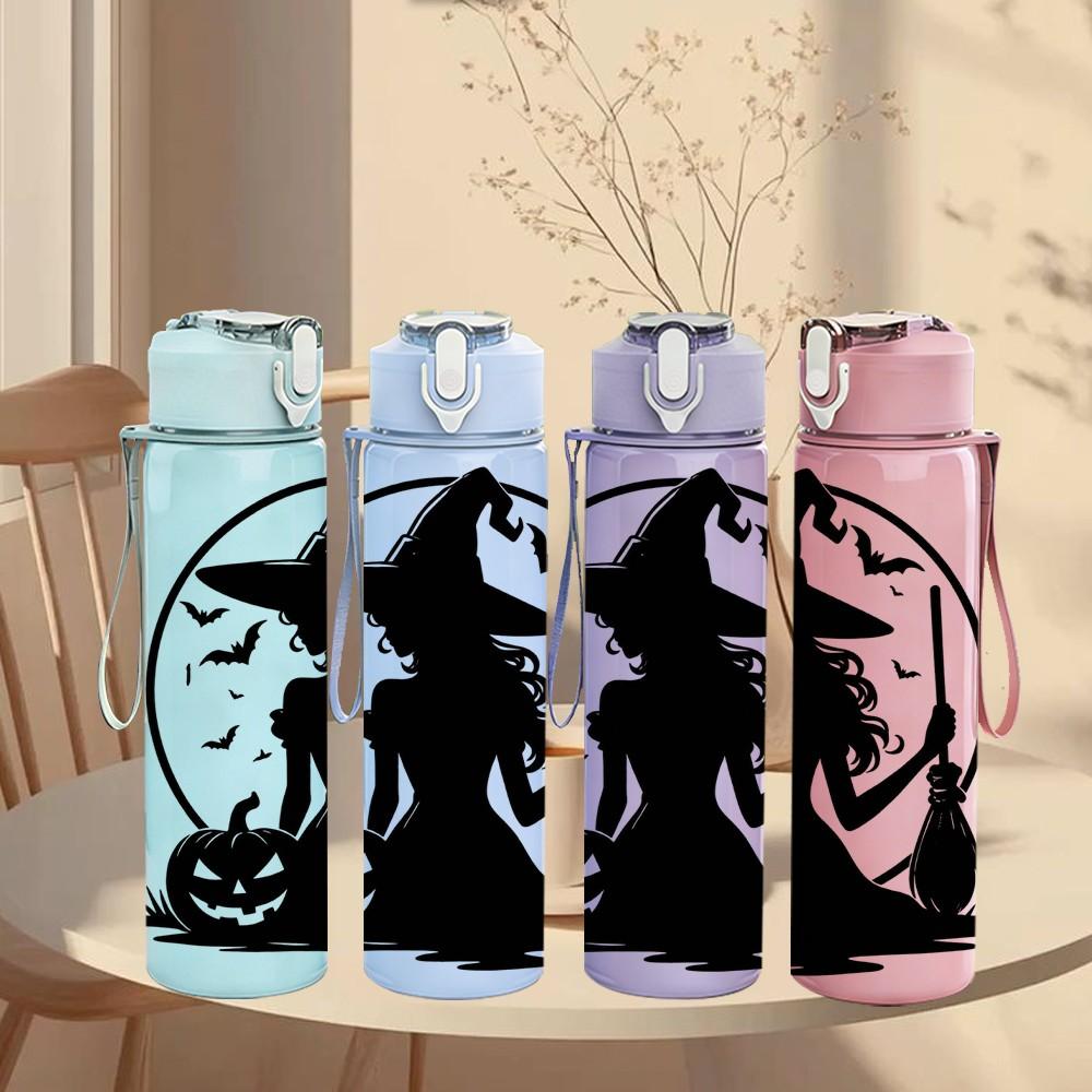 1PC Witch Silhouette Moon Halloween Print 750ml Color Plastic Sports Water Bottle Leakproof Flip Straw Lid Suitable for Sports Office Home Use