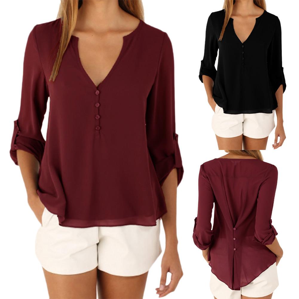 Buy V-neck Casual Long Sleeve Loose Buttons T-shirt Solid Chiffon Women ...