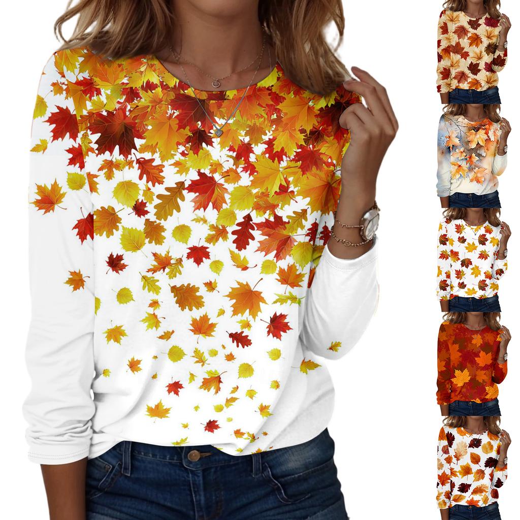 Women's Casual Long Sleeve Blouse with Leaves Print Round Neck Top for Everyday Wear