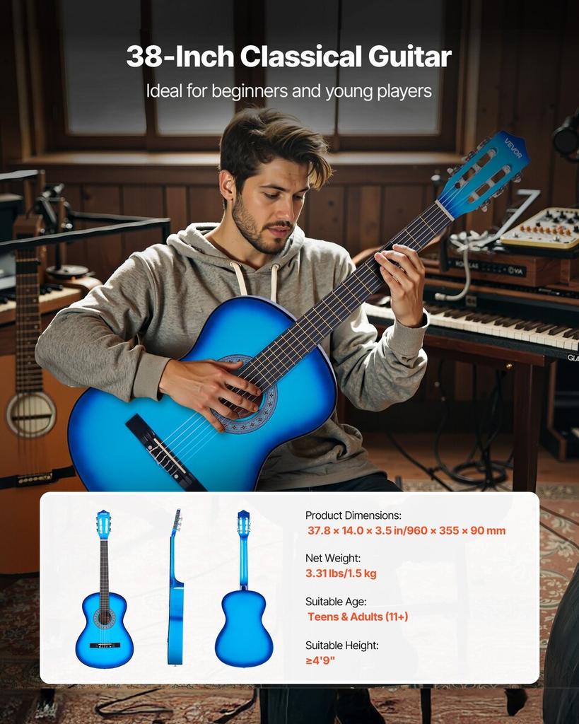 Classical Guitar, 960 mm, Wood Classical Guitar Starter Kit for Beginners, with Nylon Strings, Gig Bag, Strap, Tuner, Extra Strings, Picks, Capo,