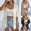 Women's Open Front Five Minute Sleeve Mid Length Cardigan Regular Fit Hollow Out Knit Top Solid Color Beach Cover Up Outerwear