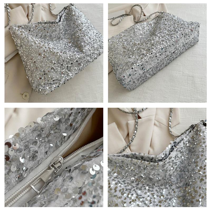 Large Capacity Shoulder Bag for Women Sequin Shine Handbag Slouchy Solid Color Crossbody Bag Trendy Underarm Bag for Work Travel Shopping CLE