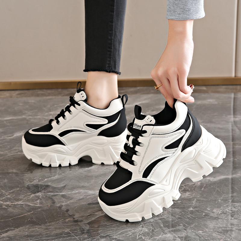 Fashion Mix Color Chunky Platform Sneakers Women Lace-Up Thick Bottom Vulcanzied Shoes Female Pu Leather Non-Slip Sports Shoes Woman